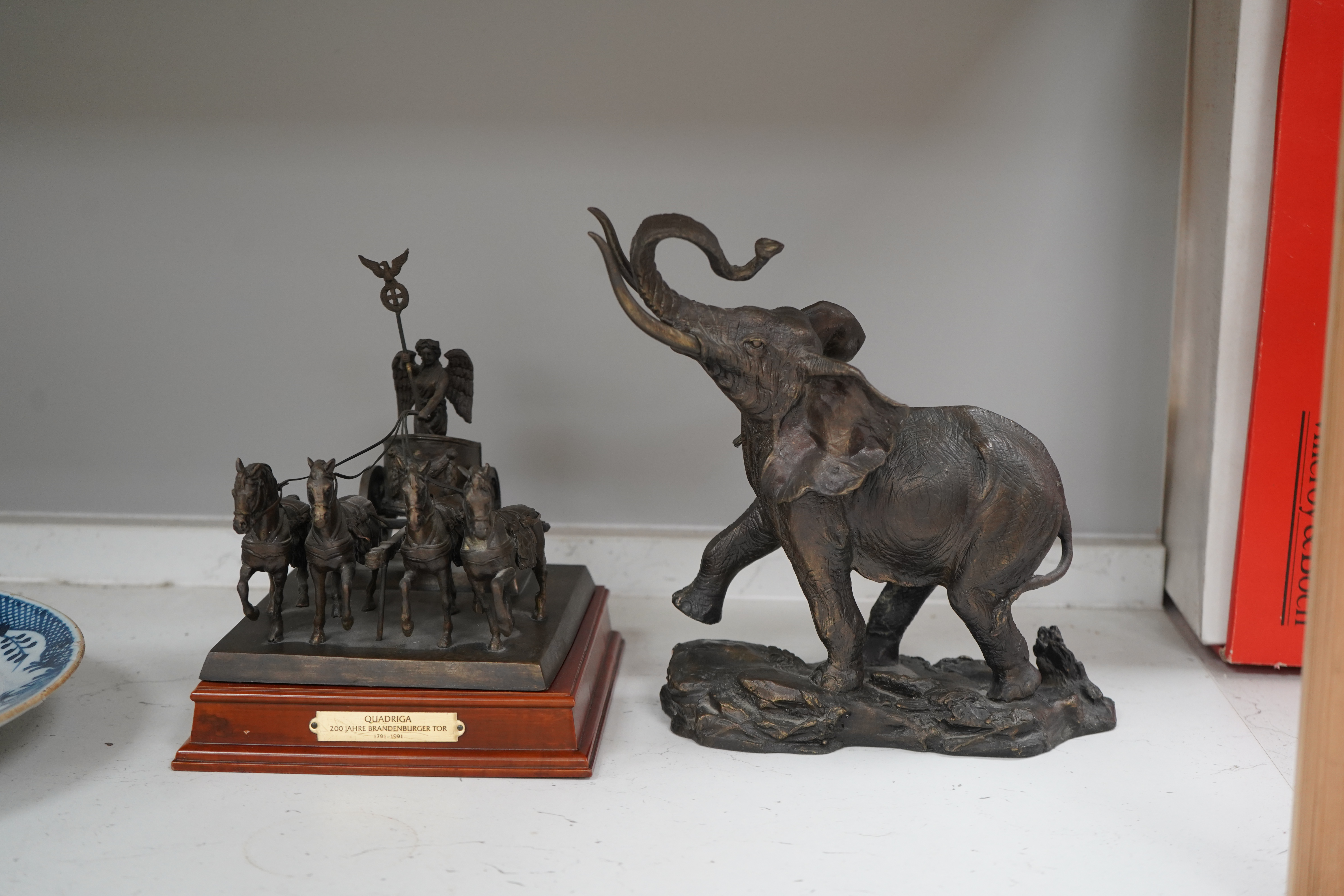 A Franklin Mint bronzed figure of an elephant, 'Giant of the Serengeti', and a Franklin Mint bronzed model 'Quadriga', on wooden plinth, with title plaque, largest 23.5cm. Condition - good